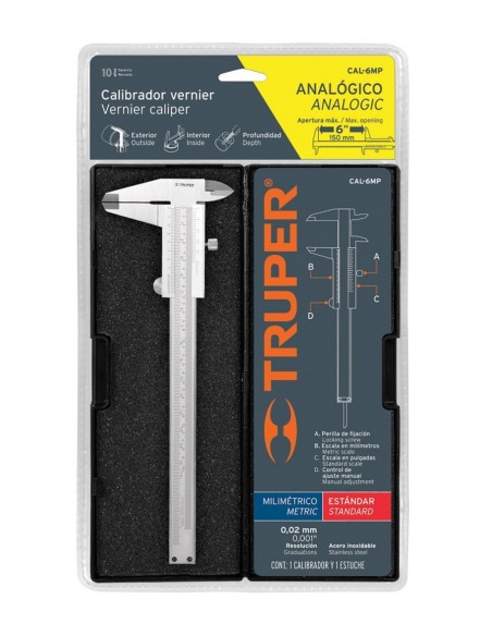 CALIBRADOR ANALOGICO TRUPER DE 6", MILIMETRICO Y PULGADA